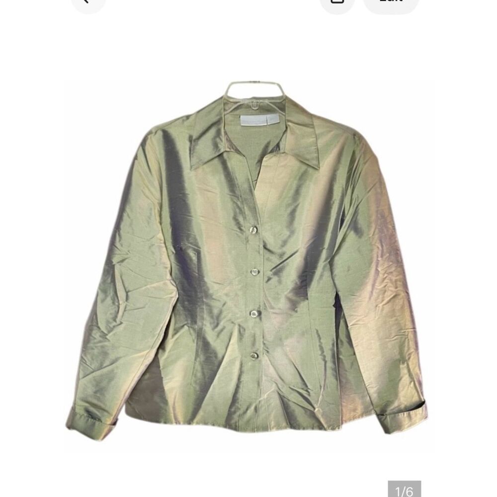 Worthington Iridescent Silk Blouse in Olive Green/Purple Women’s LP